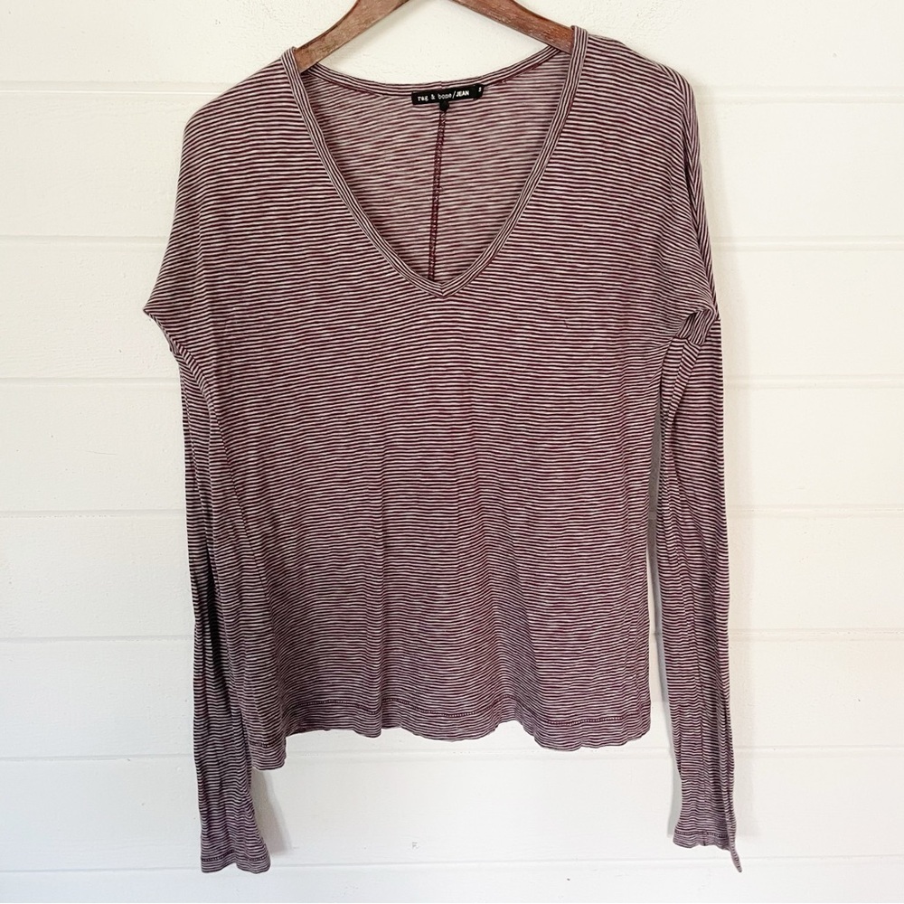 Rag & Bone Women’s Lightweight V-Neck Long Sleeve Burgundy/White Striped Tee S